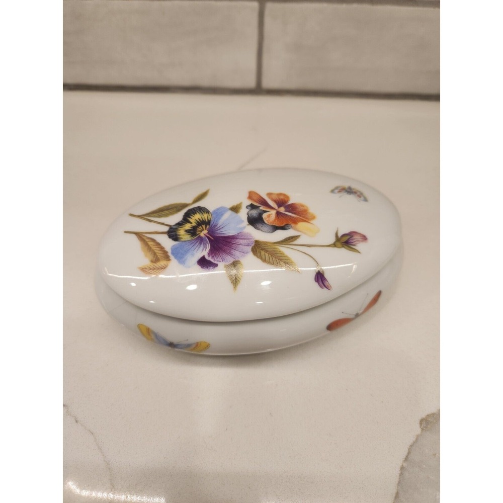 Limoges Porcelain Box‎ Rochard France Pansy Butterflies Oval Shape Trinket Box